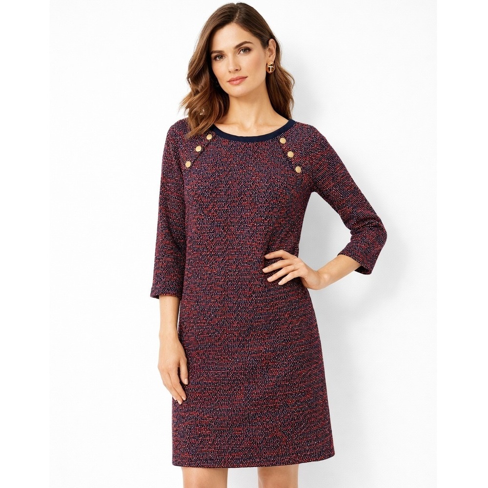 Talbots Petite Tweed Knit Shift Dress Gold Shoulder Buttons Size PL NWT